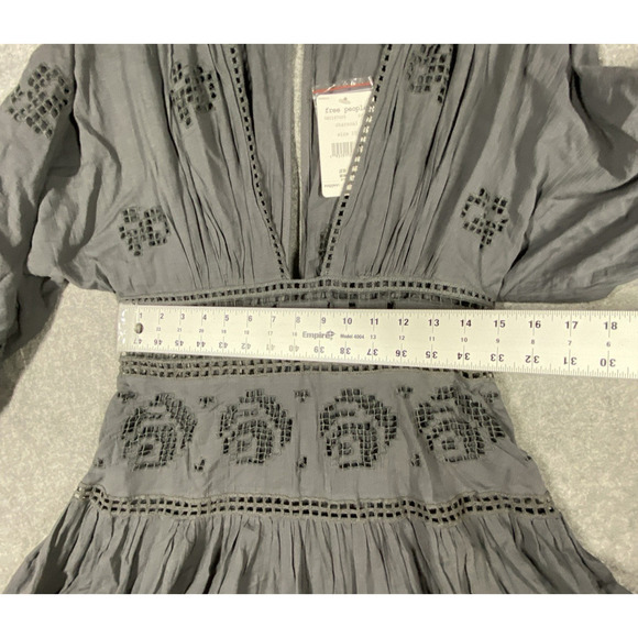 Free People Dress Womens Medium Grey Mini Deep V Neck Eyelet Cottagecore - Picture 2 of 15